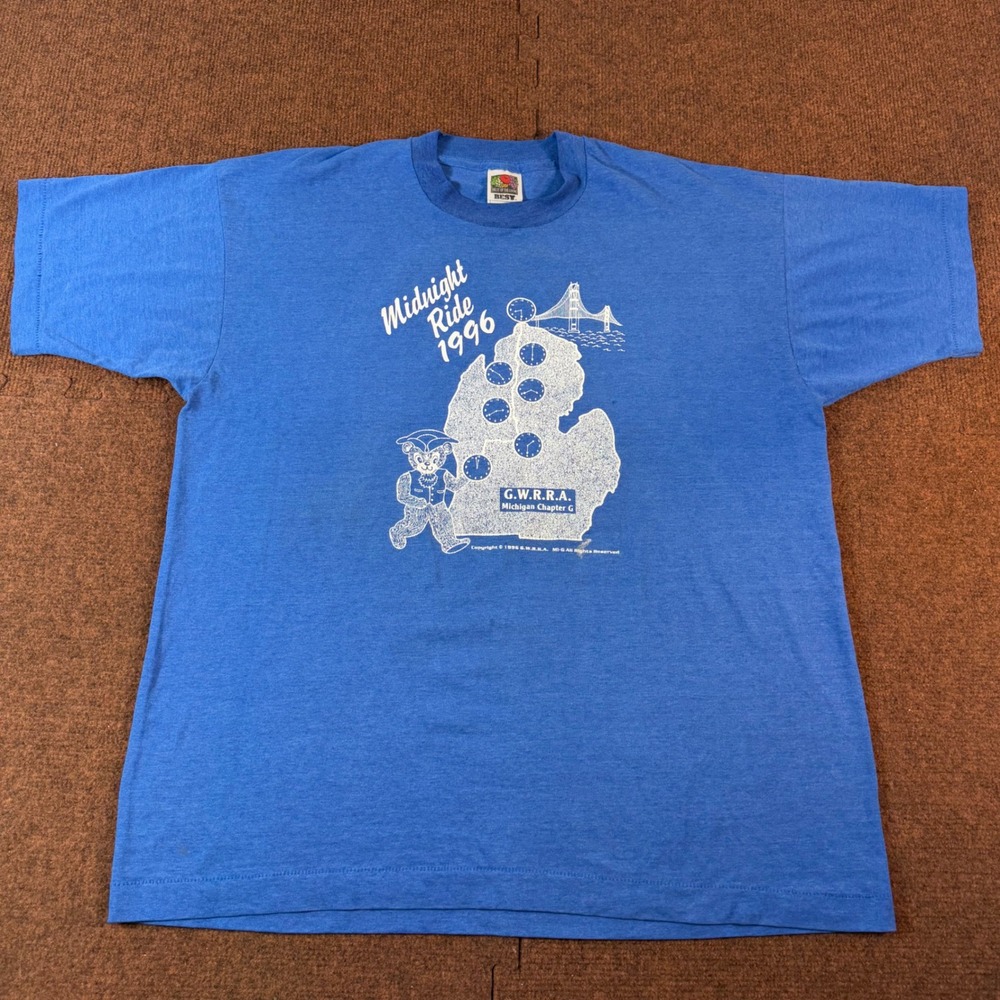 Vintage 1996 GWRRA Michigan Midnight Ride T Shirt Fruit of the Loom XL Blue 90s